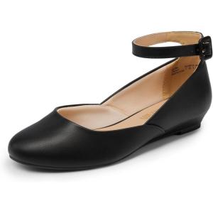 image:imageDREAM PAIRS Womens Dress Flats Ballet Low Wedge Round Toe Ankle Strap Comfortable Casual Flats ShoesBlackPu1