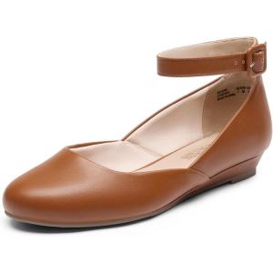 image:imageDREAM PAIRS Womens Dress Flats Ballet Low Wedge Round Toe Ankle Strap Comfortable Casual Flats ShoesBrownpu