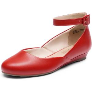 image:imageDREAM PAIRS Womens Dress Flats Ballet Low Wedge Round Toe Ankle Strap Comfortable Casual Flats ShoesRedpu