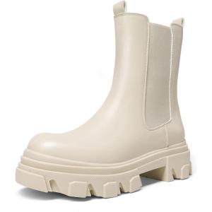 image:imageDREAM PAIRS Womens Platform Chelsea Boots Lug Sole Combat Mid Calf Slip On Chunky Ankle BootiesBeigeWhitePu