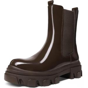 image:imageDREAM PAIRS Womens Platform Chelsea Boots Lug Sole Combat Mid Calf Slip On Chunky Ankle BootiesBrown