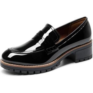 image:imageDREAM PAIRS Womens Platform Chunky Heeled Loafers Womens Business Casual ShoesBlack Pat