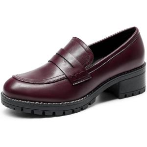 image:imageDREAM PAIRS Womens Platform Chunky Heeled Loafers Womens Business Casual ShoesBurgundy Pu
