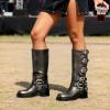image:imageDREAM PAIRS Womens Knee High Riding Boots Side Zipper Motorcycle Boots Square Toe Chunky Heel Fashion Buckles Biker BootsSilver