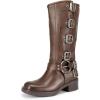 image:imageDREAM PAIRS Womens Knee High Riding Boots Side Zipper Motorcycle Boots Square Toe Chunky Heel Fashion Buckles Biker BootsTan