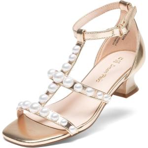 image:imageDREAM PAIRS Girls Sandals Ankle Strap TStrap Low Heel Pearl Flower Pump Dress Wedding Party Square Toe Shoes for Little KidBig KidGold