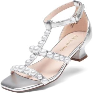 image:imageDREAM PAIRS Girls Sandals Ankle Strap TStrap Low Heel Pearl Flower Pump Dress Wedding Party Square Toe Shoes for Little KidBig KidSilver