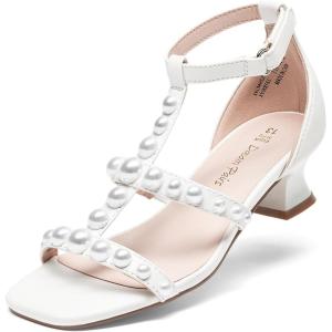 image:imageDREAM PAIRS Girls Sandals Ankle Strap TStrap Low Heel Pearl Flower Pump Dress Wedding Party Square Toe Shoes for Little KidBig KidWhite