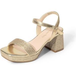 image:imageDREAM PAIRS Girls Sandals Open Toe Low Block Chunky Heels Sandals Party Dress Pumps Shoes for Little Big KidGoldglitter
