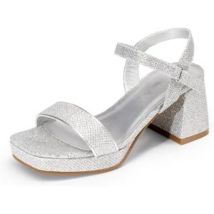 image:imageDREAM PAIRS Girls Sandals Open Toe Low Block Chunky Heels Sandals Party Dress Pumps Shoes for Little Big KidSilverglitter
