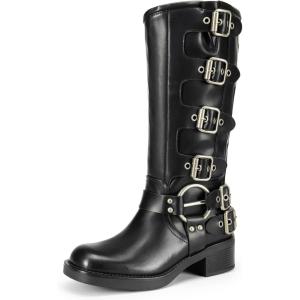 image:imageDREAM PAIRS Womens Knee High Riding Boots Side Zipper Motorcycle Boots Square Toe Chunky Heel Fashion Buckles Biker BootsBlack