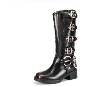 image:imageDREAM PAIRS Womens Knee High Riding Boots Side Zipper Motorcycle Boots Square Toe Chunky Heel Fashion Buckles Biker BootsBlackBrown