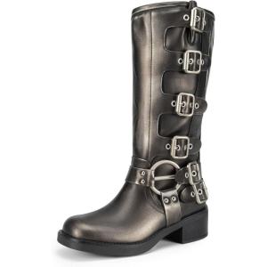 image:imageDREAM PAIRS Womens Knee High Riding Boots Side Zipper Motorcycle Boots Square Toe Chunky Heel Fashion Buckles Biker BootsSilver