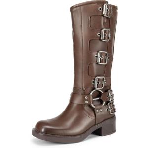 image:imageDREAM PAIRS Womens Knee High Riding Boots Side Zipper Motorcycle Boots Square Toe Chunky Heel Fashion Buckles Biker BootsTan