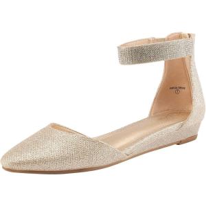 image:imageDREAM PAIRS Womens Low Wedge Pointed Toe Ankle Strap Dress Comfortable Casual Flats ShoesGoldGlitter