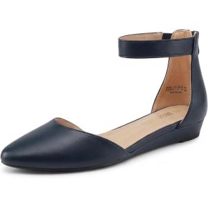 image:imageDREAM PAIRS Womens Low Wedge Pointed Toe Ankle Strap Dress Comfortable Casual Flats ShoesNavyPu