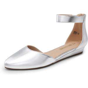 image:imageDREAM PAIRS Womens Low Wedge Pointed Toe Ankle Strap Dress Comfortable Casual Flats ShoesSilver