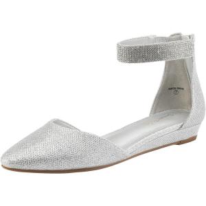 image:imageDREAM PAIRS Womens Low Wedge Pointed Toe Ankle Strap Dress Comfortable Casual Flats ShoesSilverGlitter
