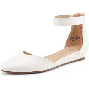 image:imageDREAM PAIRS Womens Low Wedge Pointed Toe Ankle Strap Dress Comfortable Casual Flats ShoesWhitePu
