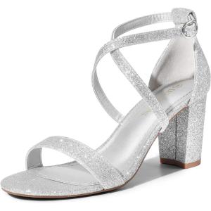 image:imageDREAM PAIRS Womens Ankle Strap Dress Low Chunky Block Open Toe Heel Sandals for Party WeddingSilverglitter