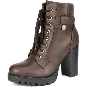 image:imageDREAM PAIRS Womens Lace up Combat Ankle Boots High Chunky Heel Fashion Heeled Booties ShoesBrown