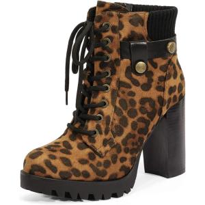 image:imageDREAM PAIRS Womens Lace up Combat Ankle Boots High Chunky Heel Fashion Heeled Booties ShoesLeopard