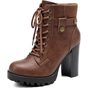 image:imageDREAM PAIRS Womens Lace up Combat Ankle Boots High Chunky Heel Fashion Heeled Booties ShoesTan