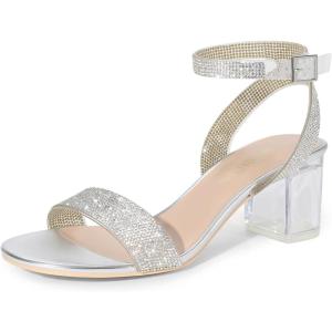 image:imageDREAM PAIRS Womens Open Toe Ankle Strap Low Block Chunky Heels Sandals Party Dress Pumps ShoesSilverClearrhinestone