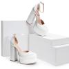 image:imageDREAM PAIRS Womens High Chunky Platform Closed Toe Block Heels Square Toe Ankle Strap Dress Wedding Party Pumps Shoes AureliaWhitesatin