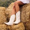 image:imageDREAM PAIRS Womens Square Toe Cowboy Cowgirl Boots Pull On Low Chunky Heel Mid Calf Western Boots with Embroidered Stitched for Theme Party Country ConcertWhite1