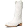 image:imageDREAM PAIRS Womens Square Toe Cowboy Cowgirl Boots Pull On Low Chunky Heel Mid Calf Western Boots with Embroidered Stitched for Theme Party Country ConcertWhite