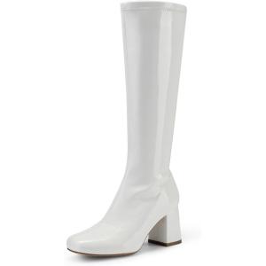 image:imageDREAM PAIRS Womens Gogo Boots Square Toe Chunky Wide Calf Knee High BootsWhitePatentPu
