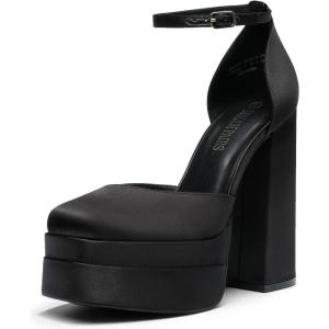 image:imageDREAM PAIRS Womens High Chunky Platform Closed Toe Block Heels Square Toe Ankle Strap Dress Wedding Party Pumps Shoes AureliaBlacksatin