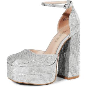 image:imageDREAM PAIRS Womens High Chunky Platform Closed Toe Block Heels Square Toe Ankle Strap Dress Wedding Party Pumps Shoes AureliaSilverrhinestone