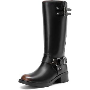 image:imageDREAM PAIRS Womens Knee High Boots Combat Boots Goth Boot Lace Up Adjustable Buckles Chunky Low Heel Fall Booties with Side Zipper to Put on and offBlackBrown