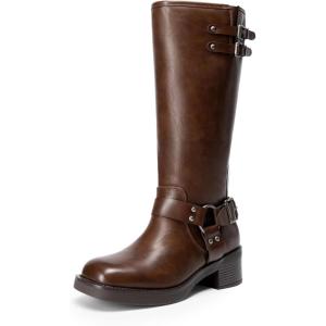 image:imageDREAM PAIRS Womens Knee High Boots Combat Boots Goth Boot Lace Up Adjustable Buckles Chunky Low Heel Fall Booties with Side Zipper to Put on and offBrown