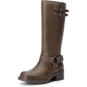 image:imageDREAM PAIRS Womens Knee High Boots Combat Boots Goth Boot Lace Up Adjustable Buckles Chunky Low Heel Fall Booties with Side Zipper to Put on and offBrownnubuck