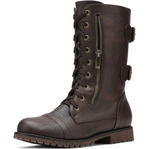 image:imageDREAM PAIRS Womens Mid Calf Builtin Wallet Pocket Lace up Military Combat BootsClassic Brown