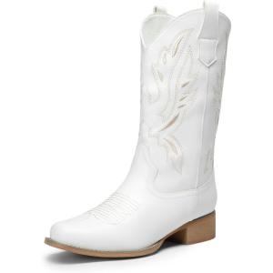 image:imageDREAM PAIRS Womens Square Toe Cowboy Cowgirl Boots Pull On Low Chunky Heel Mid Calf Western Boots with Embroidered Stitched for Theme Party Country ConcertWhite1