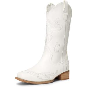 image:imageDREAM PAIRS Womens Square Toe Cowboy Cowgirl Boots Pull On Low Chunky Heel Mid Calf Western Boots with Embroidered Stitched for Theme Party Country ConcertWhite