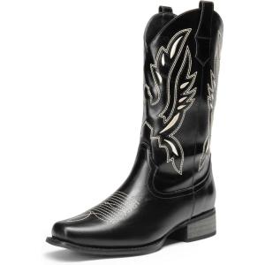 image:imageDREAM PAIRS Womens Square Toe Cowboy Cowgirl Boots Pull On Low Chunky Heel Mid Calf Western Boots with Embroidered Stitched for Theme Party Country ConcertBlack1