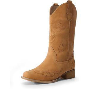image:imageDREAM PAIRS Womens Square Toe Cowboy Cowgirl Boots Pull On Low Chunky Heel Mid Calf Western Boots with Embroidered Stitched for Theme Party Country ConcertTan