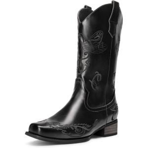 image:imageDREAM PAIRS Womens Square Toe Cowboy Cowgirl Boots Pull On Low Chunky Heel Mid Calf Western Boots with Embroidered Stitched for Theme Party Country ConcertBlack