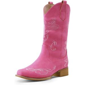 image:imageDREAM PAIRS Womens Square Toe Cowboy Cowgirl Boots Pull On Low Chunky Heel Mid Calf Western Boots with Embroidered Stitched for Theme Party Country ConcertPink