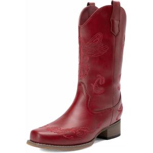 image:imageDREAM PAIRS Womens Square Toe Cowboy Cowgirl Boots Pull On Low Chunky Heel Mid Calf Western Boots with Embroidered Stitched for Theme Party Country ConcertRed