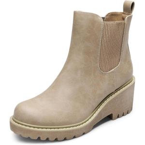 image:imageDREAM PAIRS Womens Wedge Chelsea Ankle Boots Fashion Round Toe Low Wedge Heel Platform Booties ShoesTaupenubuck
