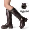 image:imageDREAM PAIRS Womens Combat Riding Platform Knee High Boots Lace Up Fall Lug Sole Gothic Motorcycle Boots with Inside ZipperBrown