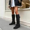image:imageDREAM PAIRS Womens Knee High Low Hidden Wedge Boots Suede Faux Fur Lining Side Zipper Knee High Buckle BootsBlackSuede