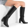 image:imageDREAM PAIRS Womens KneeHigh Boots Comfortable Chunky Block Heel Pointed Toe Pull On Side Zipper Suede Slouch Riding BootsBlackpu