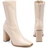 image:imageDREAM PAIRS Womens Square Toe Gogo Boots Elastic Ankle Boots High Chunky Block Heel Mid Calf BootsBeige WhitePu
